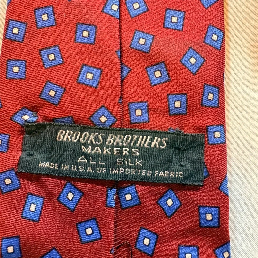 Brooks Brothers Makers Silk Tie‎ Mens Burgundy Blue Geometric Square Classic USA